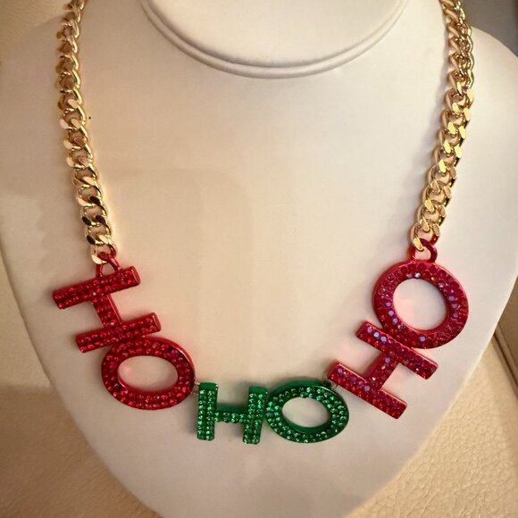 NWT BETSEY JOHNSON CRYSTAL HO HO HO CHRISTMAS NECKLACE - Picture 3 of 5